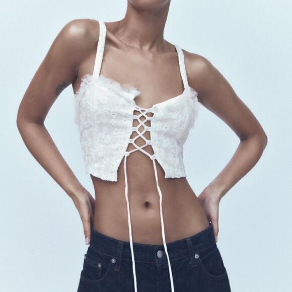 NWOT Zara White Tulle Eyelet Lace Tie Front Crop Top, Size Small - Picture 7 of 15